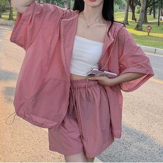 Set : Short-sleeve Sheer Hooded Jacket + High-waist Wide-leg Shorts