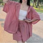 Set : Short-sleeve Sheer Hooded Jacket + High-waist Wide-leg Shorts