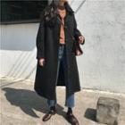 Single-breasted Plain Woolen Long Trench Coat Black - One Size