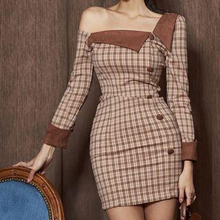 One-shoulder Long-sleeve Plaid Mini Sheath Dress