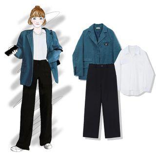 Plain Shirt / Applique Single-breasted Blazer / Straight Leg Pants