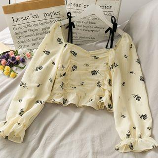 Off-shoulder Rose-print Ruched Crop Top Almond - One Size