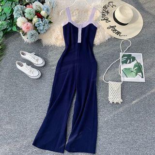 Contrast-trim Sleeveless Jumpsuit Blue - One Size