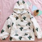 Cactus Print Fleece-lined Hoodie Off-white - One Size
