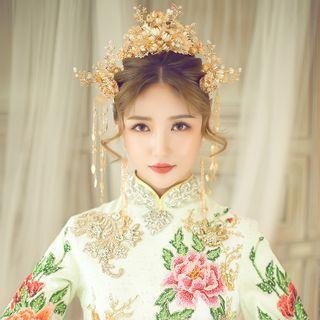 Set: Wedding Branches Hair Comb + Hair Clip + Fringed Earring + Hair Stick Set - Gold - One Size
