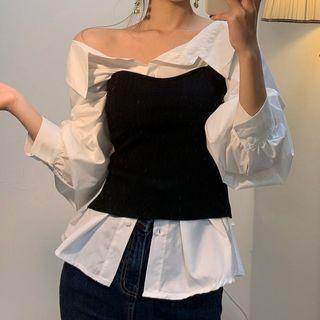 Spaghetti Strap Knit Top / Off Shoulder Shirt