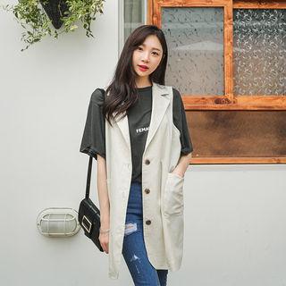 Notched-lapel Buttoned Linen Blend Long Vest
