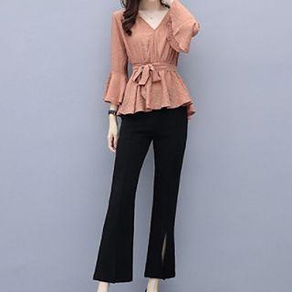 Set: Tie Waist 3/4-sleeve Blouse + Cropped Boot-cut Pants