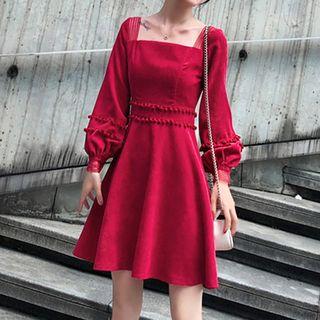 Puff-sleeve Square-neck Mini A-line Dress