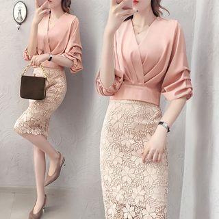 Set: Elbow-sleeve Blouse + Lace Midi Pencil Skirt