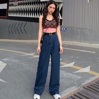 Heart Print Sleeveless Cropped Knit Top / Wide Leg Jeans