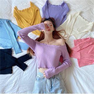 Long-sleeve Frilled Ribbed Slim-fit Top