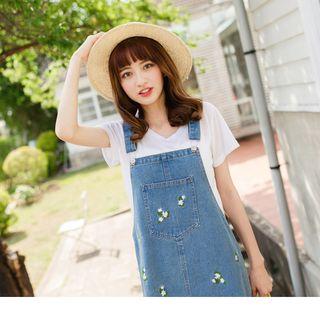 Floral Embroidered Denim Jumper Dress