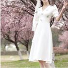 Short-sleeve Embellished Midi A-line Dress / Wedding Veil / Set
