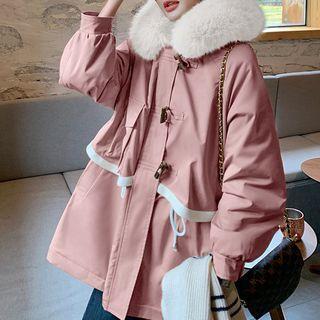 Fluffy Trim Hooded Drawstring Duffle Coat