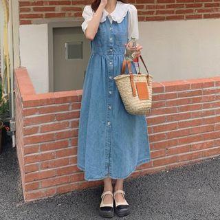 Short-sleeve Frill Trim Blouse / Denim Midi Overall Dress