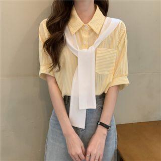 Mock Two Piece Short-sleeve Drawstring Striped Shirt