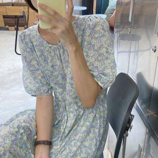 Puff-sleeve Floral Tie Waist Loose Fit Dress Floral - One Size