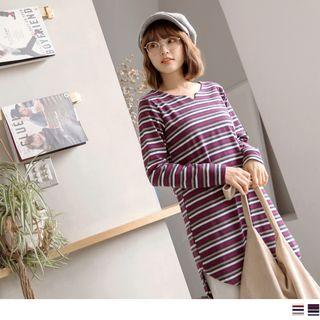 Long Sleeve V-neck Striped T-shirt Dress