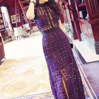 Short-sleeve Collared Lace Panel Slit Midi Dress