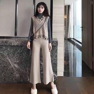 Color-block V-neck Knit Vest / Plain Turtleneck Long-sleeve Top / Plain Boot-cut Pants