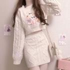 Rabbit Embroidered Cropped Sweater / Cable Knit Mini Fitted Skirt