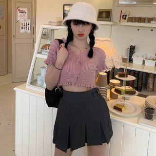 Ruffle Trim Short-sleeve Cropped Cardigan / Mini A-line Pleated Skirt