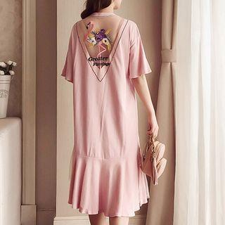 Flamingo Embroidered Lettering Ruffle Midi Dress