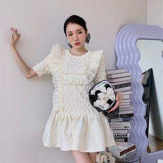 Set: Short-sleeve Ruffle Mini Smock Dress + Bow Accent Belt