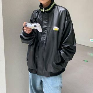 Applique Faux Leather Bomber Jacket