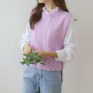 Dip-back Button-side Pointelle-knit Vest