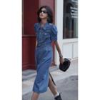 Puff-sleeve Denim Midi Sheath Dress