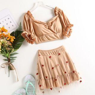 Set: Short-sleeve Tankini Top + Flower Embroidered Swim Skirt