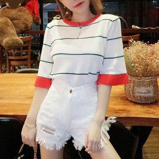 Set: Striped Elbow-sleeve Knit Top + Distressed Denim Shorts