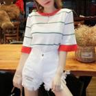 Set: Striped Elbow-sleeve Knit Top + Distressed Denim Shorts
