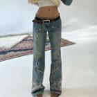 Embroidered Fringed Trim Wide Leg Jeans