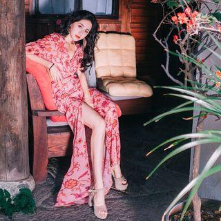 Short-sleeve Floral Print Maxi Sheath Dress