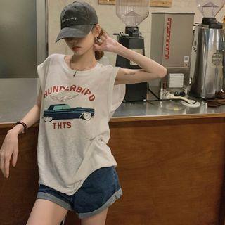 Car-print Sleeveless Loose T-shirt White - One Size