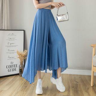 High Waist Plain Asymmetrical Linen Wide Leg Pants