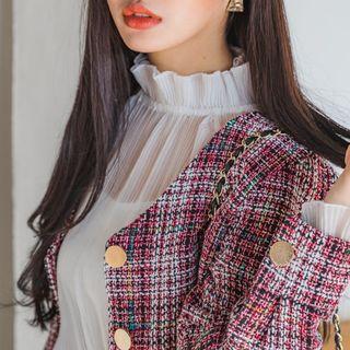 Frill-neck Pleated Sheer Blouse