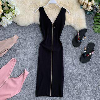 Sleeveless Zip Midi Knit Sheath Dress