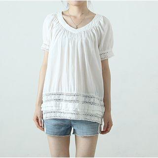 Short-sleeve V-neck Lace Trim Blouse White - One Size