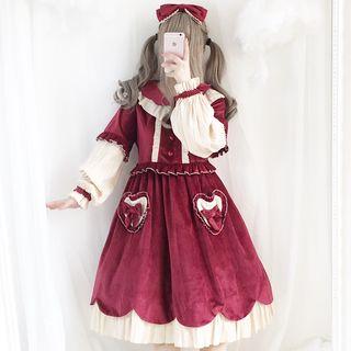 Contrast Trim Velvet Lolita Dress / Lace Trim Bow Headband / Set