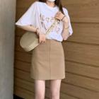 Set: Short Sleeve Letter Print T-shirt + Plain Mini A-line Skirt