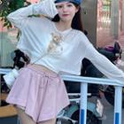 Long-sleeve Bear Print Cropped T-shirt / Drawstring Skort