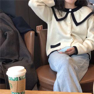 Contrast-trim Collared Button Cardigan
