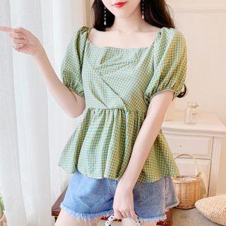 Gingham Puff-sleeve Peplum Blouse