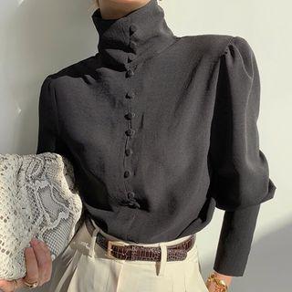 Mock-neck Puff-sleeve Blouse Dark Gray - One Size