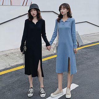 Side-slit Long-sleeve Midi Collared Knit Dress