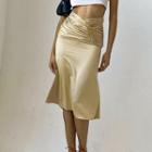 High-waist Ruched Satin Midi Skirt
